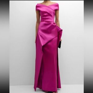 Rickie Freeman for Teri Jon Magenta Asymmetrical Off-Shoulder Gown
